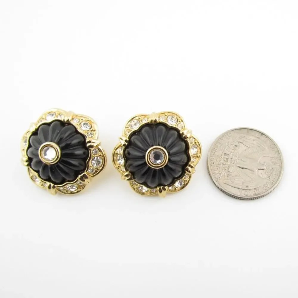 Vintage Joan Rivers Floral Earrings Gold Tone Black Enamel - Picture 5 of 8